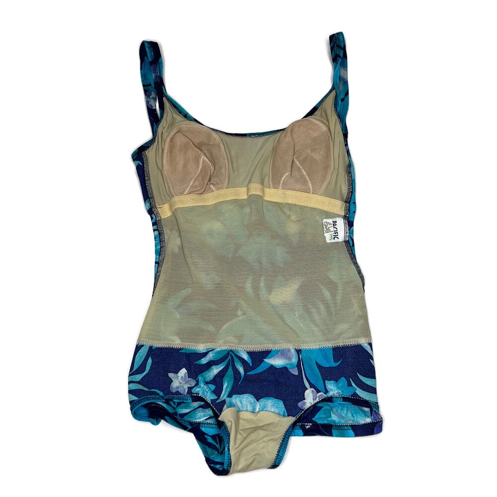 Vintage 80s Hawaiian Tropical Floral One-Piece Skirted Swimsuit Blue size M/L - Picture 4 of 9